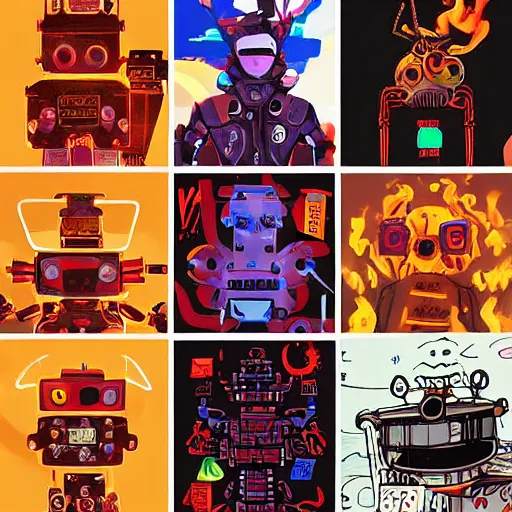 Image similar to Automaton, fire spirit, K-VRC, Love Death and robots, Pathfinder, Robot, Overload, art by Graey Erb, full shot, pop art