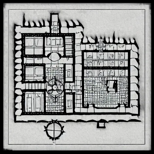 Prompt: a dungeon map floorplan from 1 st edition dungeons & dragons, black on white