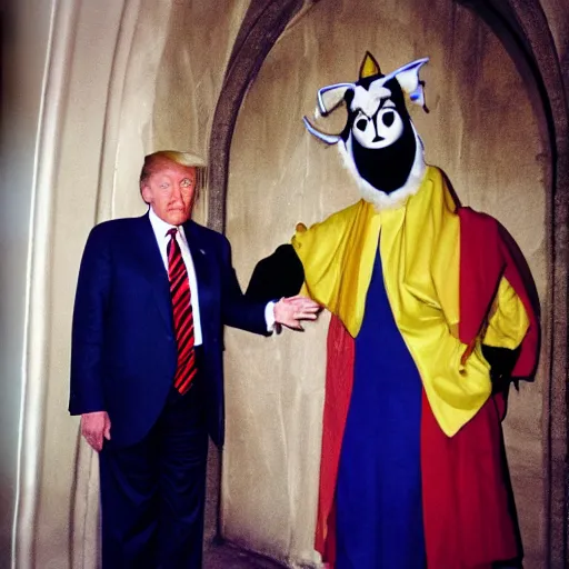 Prompt: lucider and donald trump in a monastery