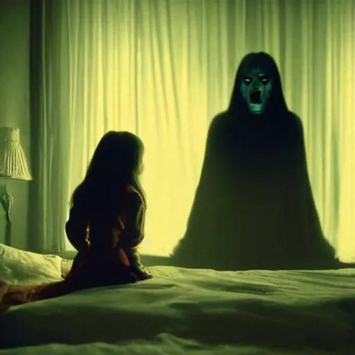 Image similar to movie still of a girl and a demon sleep paralysis, cinematic composition, cinematic light, criterion collection, by edgar wright and edgar allan poe