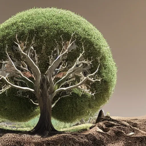 Image similar to soul tree of the earth, perfect symmetry, left side chaos, right side serenity, circular base surrounding grand tree, cinematic, ultrarealistic, intricate detail, finely detailed, small details, extra detail, high resolution, 3D, volumetric lighting, octane render, 8k, ultradetailed, photorealistic,