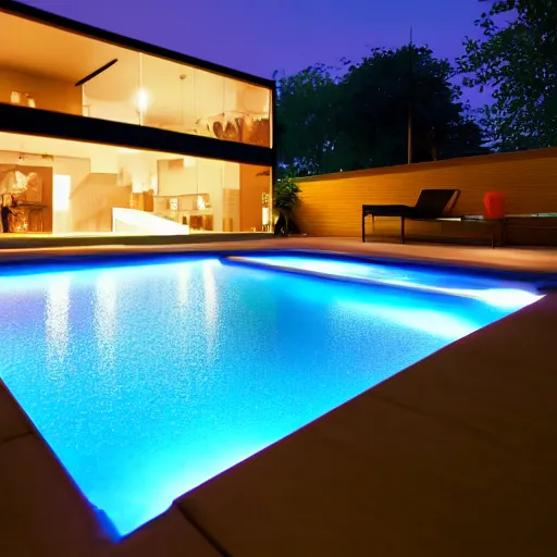 Image similar to philips hue led strip lighting, swiming pool, scene, colourful, 8 k, unreal engine, realistic, house and home,