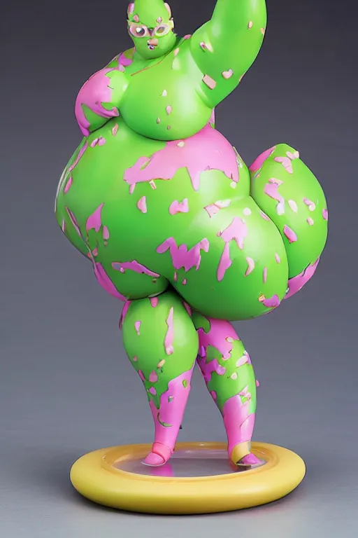 Prompt: a fat bubbly super detailed anime figurine with fluo color detail, and muted arm colors, that looks like a plant, decorated by plastic synthetic ionized metal flower sculptures