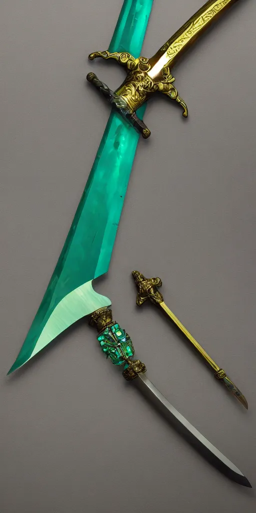 Image similar to photograph of a wide green and teal crystal sword blade attached to a big gold sword hilt