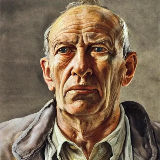 Prompt: high quality high detail painting by lucian freud, hd, farmer looking at the distance with despair, photorealistic lighting