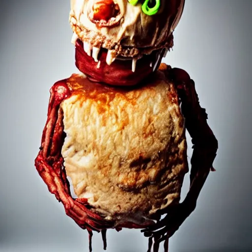 Image similar to a humanoid bipedal upright zombie that strongly resembles a hamburger, professional food photography