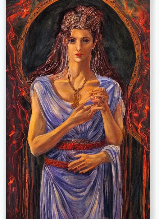 Image similar to Portrait of a beautiful priestess from the oracle of Delphi, looking into the flames, greek fabric by Julia Ustinovich