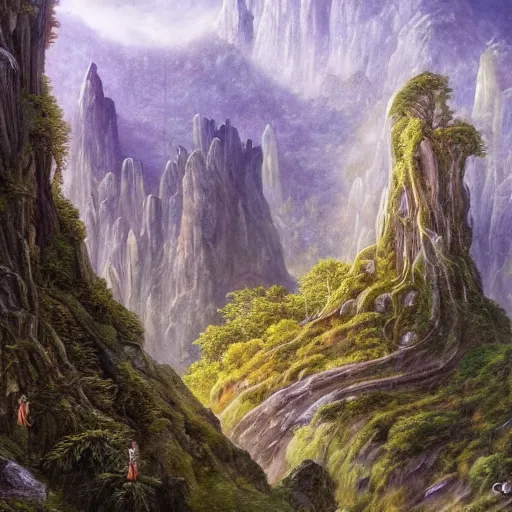Image similar to a beautiful and highly detailed oil painting of an elven temple in the mountains, detailed trees and cliffs, forgotten valley, swirling mist, lush forests, intricate details, epic scale, insanely complex, 8 k, sharp focus, hyper realism, fantasy landscape, psychedelic, by caspar friedrich,