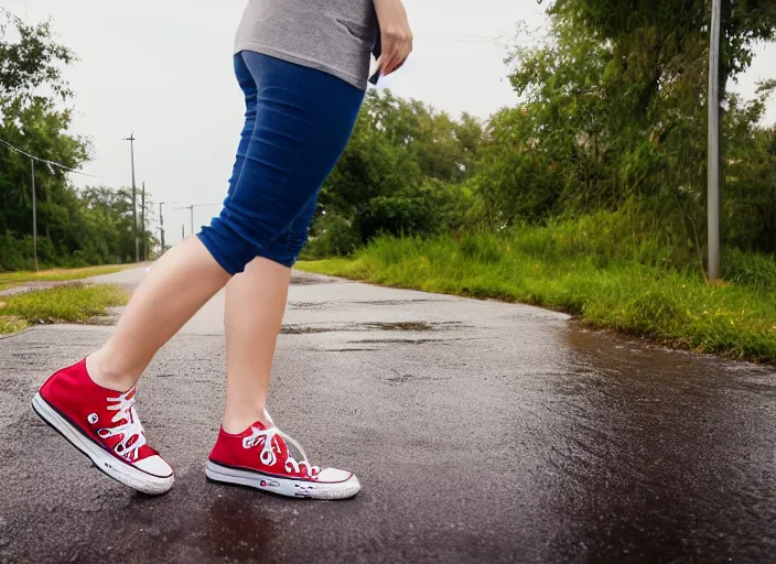 Image similar to side view of the legs of a woman sitting on the ground on a curb, very short pants, wearing red converse shoes, wet aslphalt road after rain, blurry background, sigma 8 5 mm