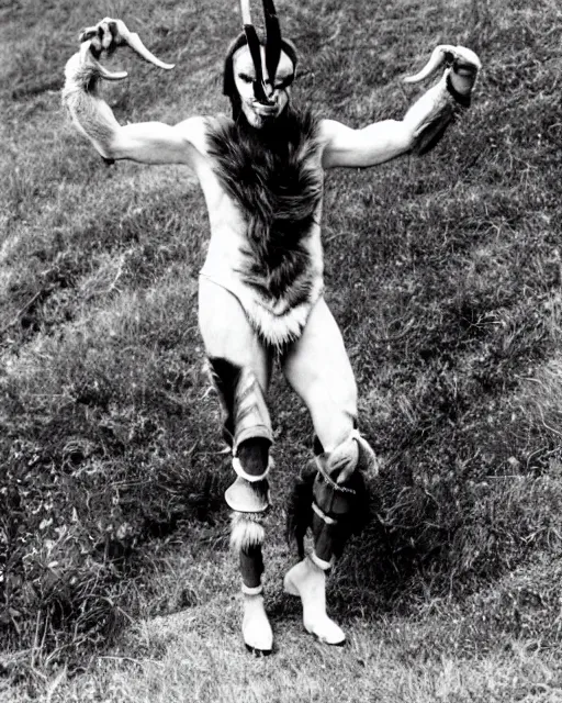 Prompt: actor Roddy McDowell in Elaborate Pan Satyr Goat Man Makeup and prosthetics designed by Rick Baker, Hyperreal, He has goat man legs, cloven feet and horns, He is holding a Pan Flute, he is wearing cargo pants