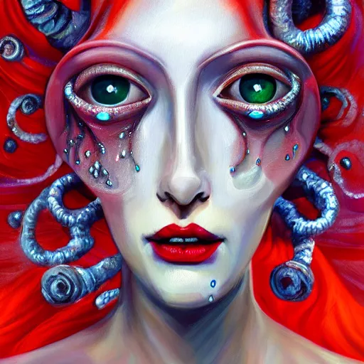 Prompt: beautiful painting of a white arthropod goddess with silver linings, coral mutations and melting jewelry in the style of Francis Bacon and Jesse Kanda. Digital art, detailed, trending on Artstation