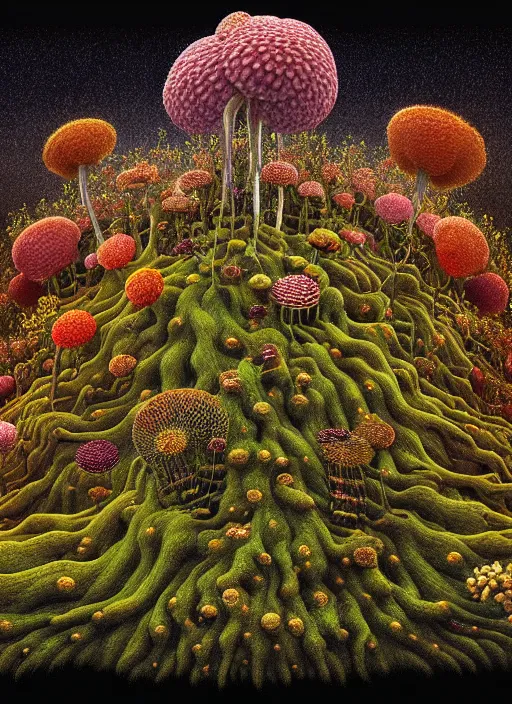 Image similar to hyper detailed 3d render like a Oil painting - polyp blossoms bring iridescent fungal flowers whose spores black the foolish stars in the middle of a dense black forest clearing, the night sky glows in a break above the trees, by Jacek Yerka, Mariusz Lewandowski, Houdini algorithmic generative render, Abstract brush strokes, Masterpiece, Edward Hopper and James Gilleard, Zdzislaw Beksinski, Mark Ryden, Wolfgang Lettl, hints of Yayoi Kasuma, octane render, 8k
