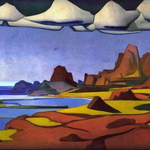 Image similar to painting of a lush natural scene on an alien planet by nicholas roerich. beautiful landscape. weird vegetation. cliffs and water.