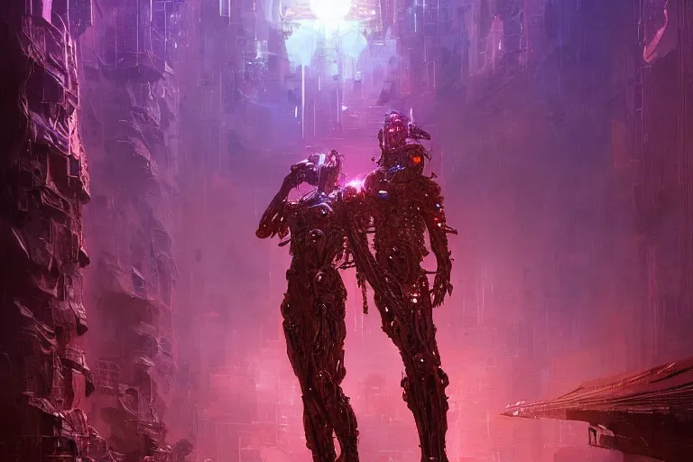 Image similar to portrait sci-fi art by Moebius and Ruan Jia, a glowing alien liquid metal orb floating above the hand of a soldier, solar flares, futuristic environment, detailed and intricate environment, fractal biomech, cyberpunk, neon color, purple bioluminescence, gold and black metal, dramatic lighting, cinematic, high technology, highly detailed portrait, digital painting, artstation, concept art, smooth, sharp focus, ilustration, Artstation HQ