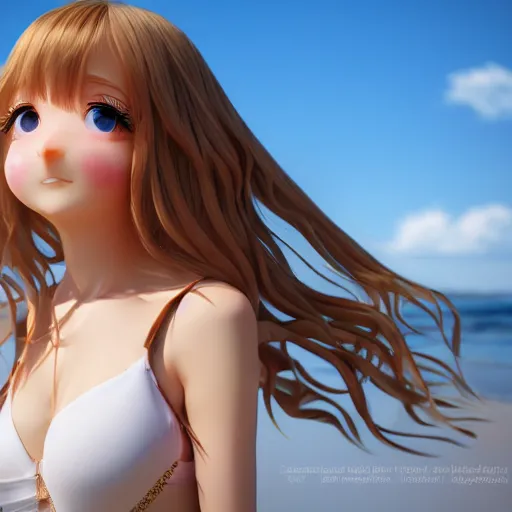 Prompt: render of a very beautiful 3d anime girl, long hair, hazel eyes, cute freckles, full round face, short smile, cute sundress, golden hour, serene beach setting, medium shot, mid-shot, highly detailed, trending on Artstation, Unreal Engine 4k