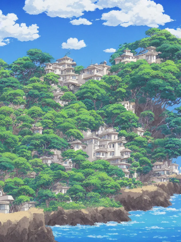 Image similar to studio ghibli background painting, kazuo oga, stucco house by the beach, blue sky with few clouds, details, hyper-detailed, HD, 4K, 8K