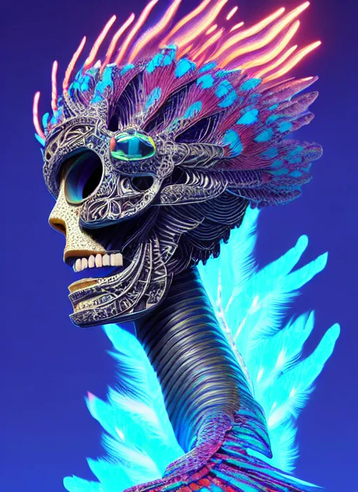 Image similar to 3 d goddess profile portrait, sigma 5 0 0 mm f / 5. beautiful intricate highly detailed quetzalcoatl skull and feathers. bioluminescent, plasma, lava, ice, water, wind, creature, thunderstorm! artwork by tooth wu and wlop and beeple and greg rutkowski, 8 k trending on artstation,