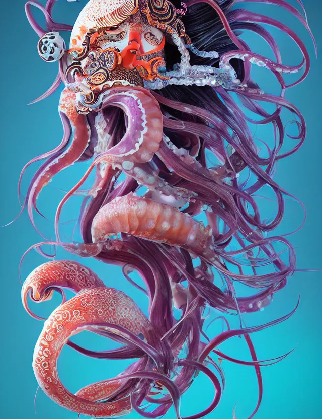 Image similar to 3 d goddess squid half - turn portrait with long hair with ram skull. beautiful intricately detailed japanese crow kitsune mask and clasical japanese kimono. betta fish, jellyfish phoenix, bio luminescent, plasma, ice, water, wind, creature, artwork by tooth wu and wlop and beeple and greg rutkowski