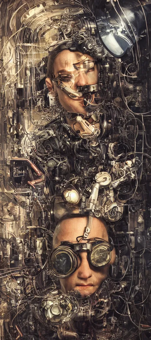 Image similar to a guy connected to wires and tubes, wearing goggles, cybernetic, dystopian, Neo Rococo Expressionist, Maximalism, orientalism, diffuse lighting, fantasy, intricate, elegant, highly detailed, lifelike, photorealistic, digital painting, artstation, illustration, concept art, smooth, sharp focus, art by John Collier and Albert Aublet and Krenz Cushart and Artem Demura and Alphonse Mucha