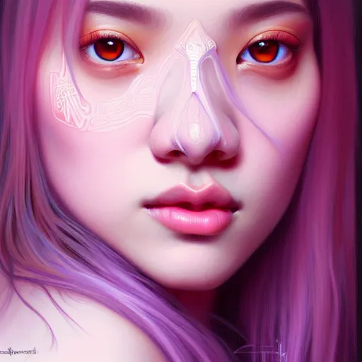 Image similar to portrait of jossi of blackpink, fractal goddess, highly detailed, digital painting, smooth, sharp focus, illustration, ultra realistic, 8 k, art by artgerm and alphonse mucha