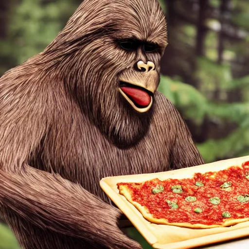 Prompt: bigfoot smoking weed while eating pizza