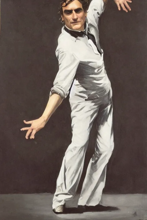 Image similar to joaquin phoenix dancing by Joseph Christian Leyendecker