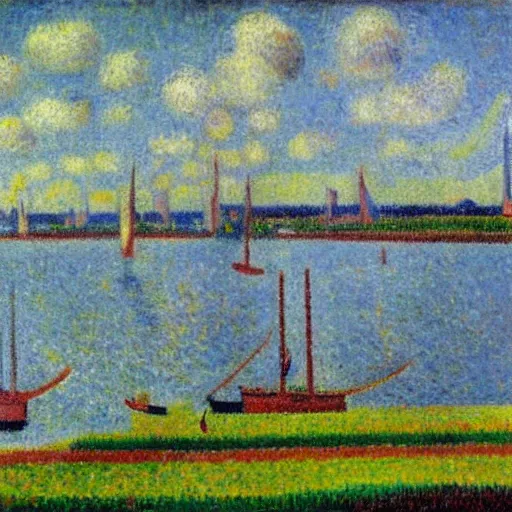 Prompt: vlaardingen harbor, oil painting by seurat, monet, modigliani, renoir