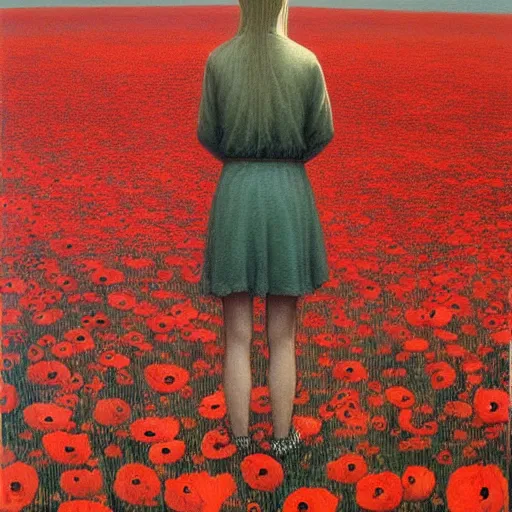 Prompt: a painting of a girl standing in a field of poppies by zdzisław beksiński