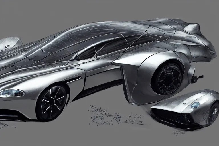 Image similar to a single armored scifi aston martin in the style of bladerunner and alternate car one, car concept, car Design, sid mead, alex ross, intricate Details, concept art, matte painting, highly detailed, rule of thirds, dynamic lighting, cinematic, detailed, denoised, centerd, clean render