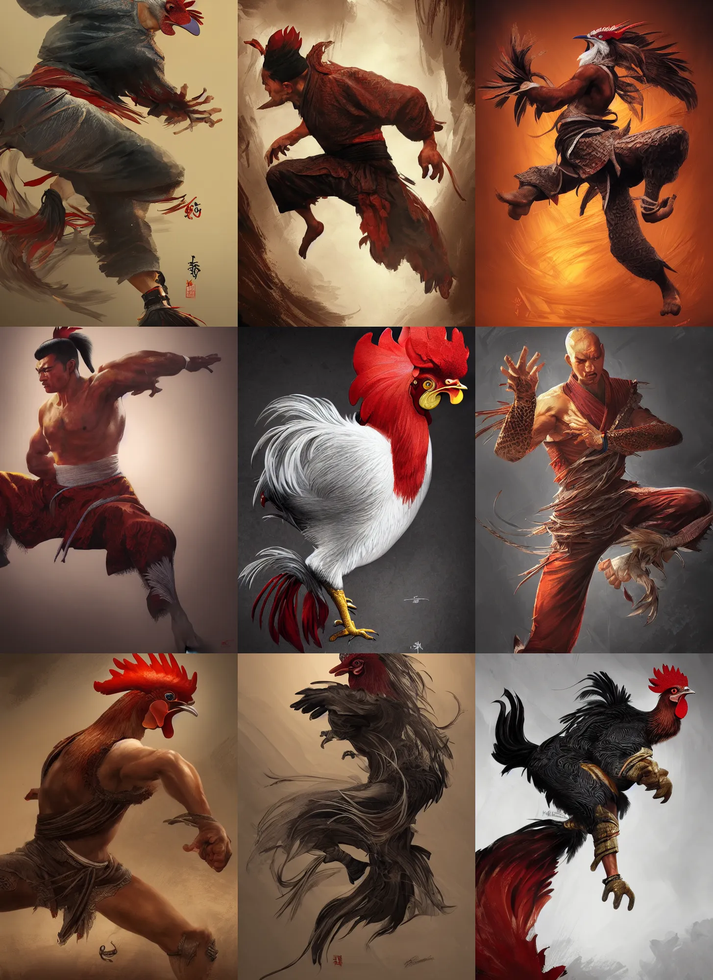 Prompt: rooster shamo kung - fu, full shot, intricate, elegant, highly detailed, digital painting, artstation, concept art, sharp focus, illustration, aleksi briclot, rutkowski