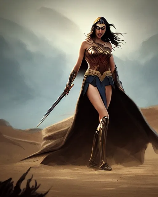 Prompt: Gal gadot posing as a sorcerer in a desert, realistic face, full body, fantasy art, in the style of greg rutkowski, illustration, epic, fantasy, intricate, hyper detailed, artstation, concept art, smooth, sharp focus, ray tracing, vibrant