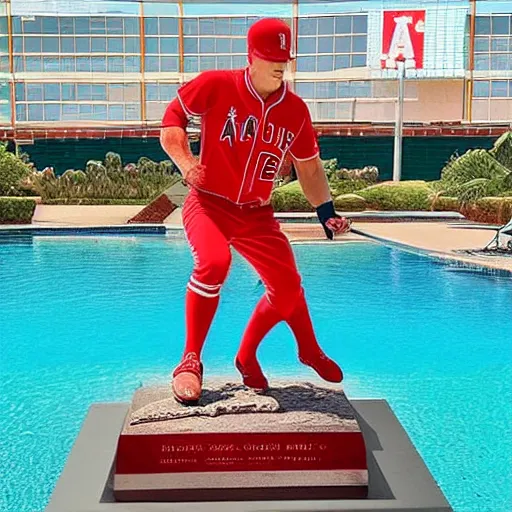 Image similar to “a realistic detailed photo of a guy who is named Mike Trout a baseball player, frozen like a statue, with shiny skin, by a pool, on display”