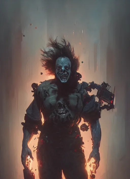 Image similar to a Photorealistic dramatic hyperrealistic render of an eerie SPAWN comic supervillain character the Evil Clown Violator by WLOP,Greg Rutkowski,Alphonse Mucha, Beautiful dynamic dramatic dark moody lighting,shadows,cinematic atmosphere,Artstation,concept design art,Octane render,8K