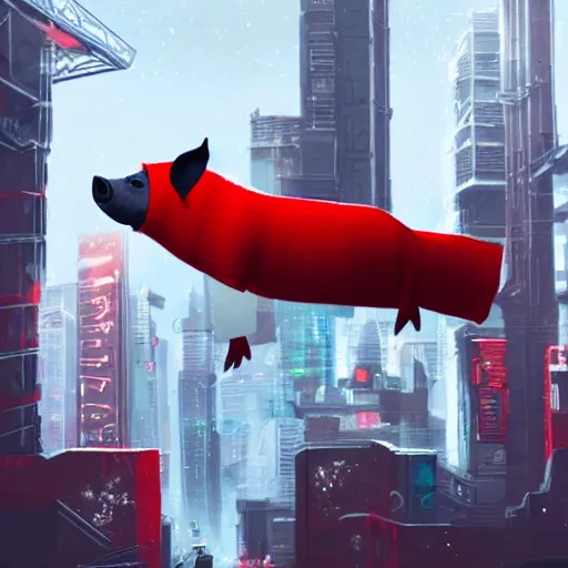 Image similar to pig in a red sweater flying in a cyberpunk city