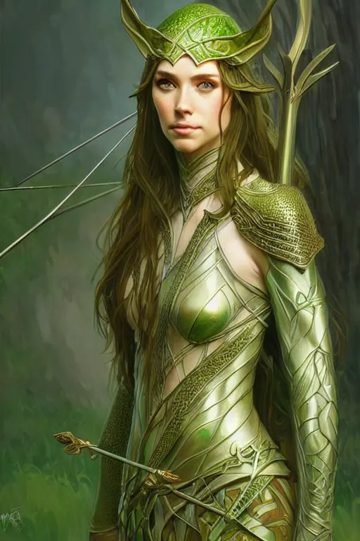 Image similar to male elven Archer armor made of green leaves, fantasy, amber eyes, face, long hair, intricate, elegant, highly detailed, digital painting, artstation, concept art, smooth, sharp focus, illustration, art by artgerm and greg rutkowski and alphonse mucha