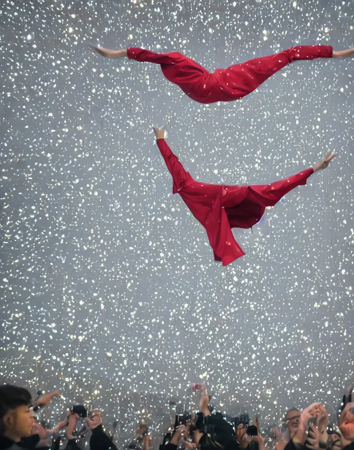 Image similar to one slick fashionable zara raincoat flying hanging mid - air on a glittering rainy display designed by james terrell, wes anderson, symmetry, rule of thirds