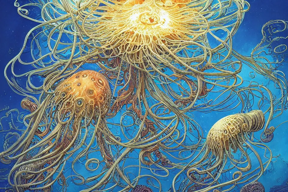 Prompt: a beautiful hyperrealistic ultradetailed comic cover art of gigantic glowing complex multi-layered intricate jellyfish creatures with long flowing tendrils, by Justin Gerard and Laurie Greasley and Peter Mohrbacher and Dan Mumford, tarot card art, detailed shading, micro details, dramatic lighting, volumetric lighting, 8k