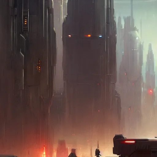 Image similar to star wars concept art by greg rutkowski, a huge metropolis with sharp and elegant buildings, it is night and it feels busy, the buildings are bright, dark and reddish night sky, cinematic lighting, oppressive atmosphere.