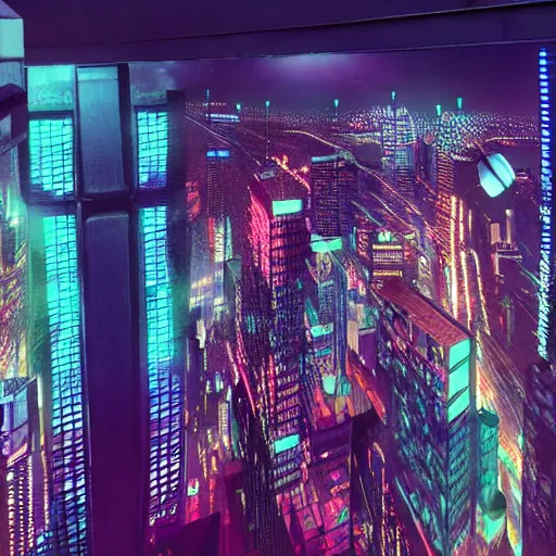 Prompt: looking outside from a penthouse suite at the top of the highest skyscraper in the middle of a cyberpunk city at night by beeple, neon lights, very detailed, flying cars, blade runner 2 0 4 9