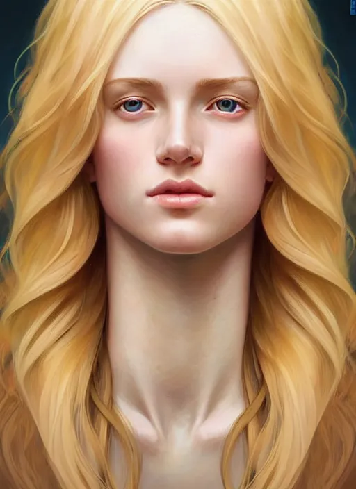 Image similar to beautiful symmetrical face, portrait of young woman blessed with ever - increasing physical and mental perfection, realism, blonde hair, perfect face!! intricate, elegant, highly detailed, vision of holy perfection!! digital painting, artstation, concept art, smooth, sharp focus, illustration, humanity, art by artgerm and greg rutkowski and alphonse mucha