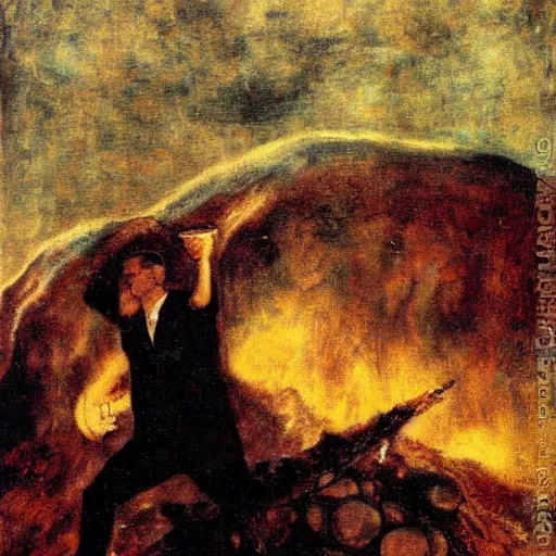 Prompt: Benjamin Netanyahu carrying sacks of money up an obsidian mountain in hell, dark sky, storm, by Franz Stuck