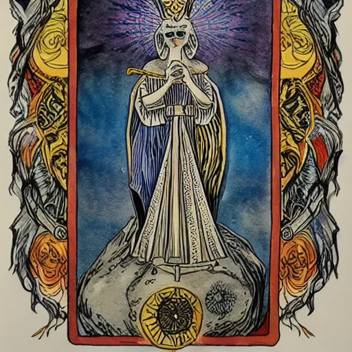 Prompt: The Tarot card of life and death, ballpoint pen and watercolor combination, detailed