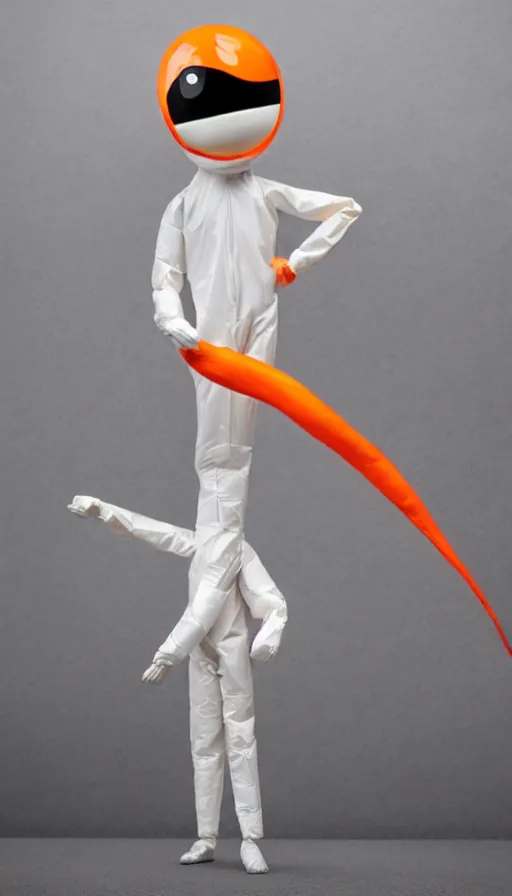 Prompt: a single striding slender figurine of a tall giant inflated hazmat suit wearing man, long bendy arms and legs, googly eyes, tareme eyes, small head, personification, dynamic pose, detailed product photo, tone mapped, beautiful composition, orange mist swirling at feet, 8 5 mm, f 5. 8