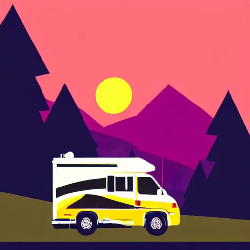 Image similar to vector art of a white and black cute thor chateau! motorhome camper!!, highway, mountains and colorful sunset!!, very very happy, stylish, warm colors, minimal vector art sticker!! by tom whalen