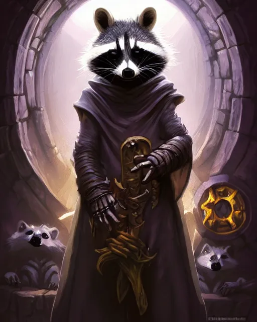 Image similar to anthropomorphic hooded necromancer raccoon casting a spell in a dungeon, deep focus, d & d, fantasy, intricate, elegant, highly detailed, digital painting, artstation, concept art, matte, sharp focus, illustration, hearthstone, art by artgerm and greg rutkowski and alphonse mucha