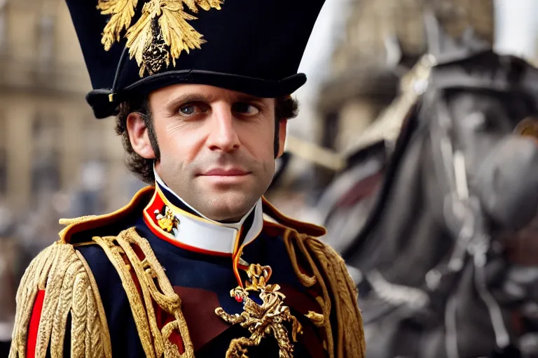 Image similar to closeup portrait of emmanuel macron dressed as napoleon with a cannon in the street, natural light, sharp, detailed face, magazine, press, photo, steve mccurry, david lazar, canon, nikon, focus