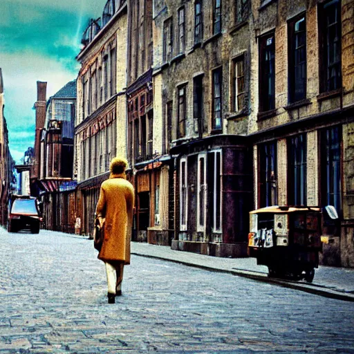 Prompt: traveler in time on the old street, seventies, photorealistic