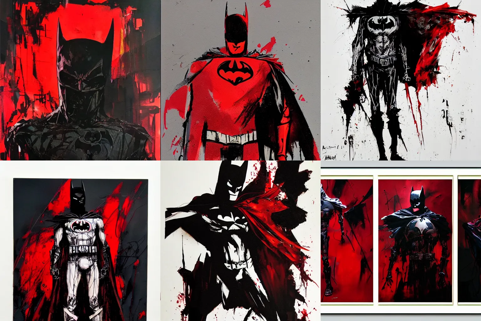 Prompt: abstract dark rotten sinewy skeletal red batman by ashley wood and phil hale, 4K detailed post processing