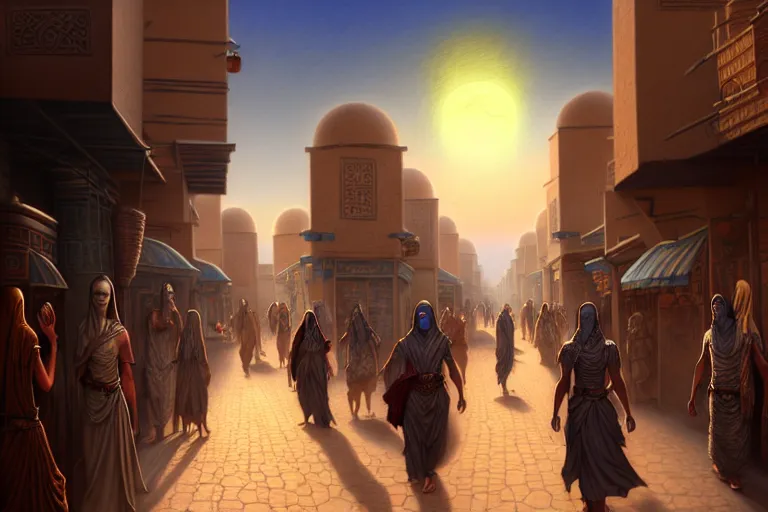 Prompt: a highly detailed crowded bazaar street in the desert city of tyr from the land of athas, amazing dark sun digital painting, by gerald brom, brom digital art, concept art, intricate details, ultra realistic, beautiful art, volumetric lighting, a blazing corona around the dark sun, by brom, trending cgsociety, artstation, rim lighting, 8 k