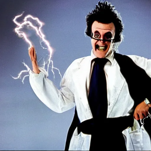 Prompt: A 1980s movie still of mad scientist supervillian